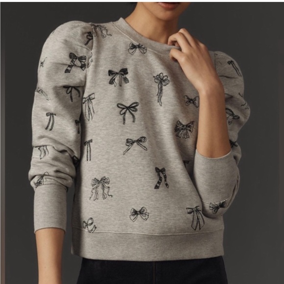 Anthropologie Sweaters - Anthropologie Maeve Embroidered Bow Puff Sleeve Sweatshirt